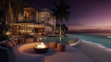 Luxury beachfront real estate at sunset modern villas with infinity pools palm trees swaying and golden light reflecting off the ocean