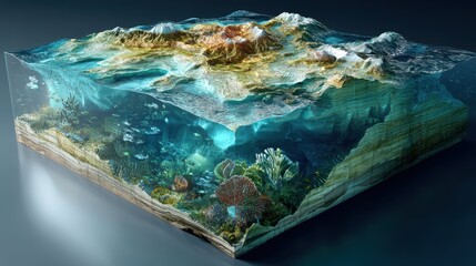 Detailed 3D Ocean Floor Map with Marine Life and Trenches Visualization