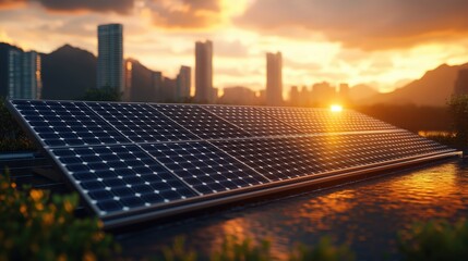 Solar panels installed on a reflective water surface with a city skyline at sunset for renewable energy source