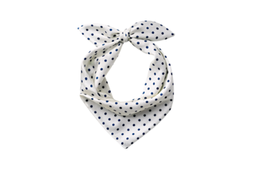 White polka dot bandana scarf with navy blue dots tied in classic knot style, isolated on a transparent background