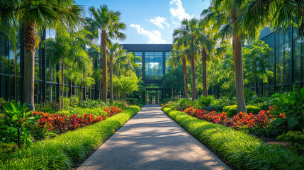 Obraz premium Lush garden pathway lined with colorful flowers and palm trees in a tropical setting under a bright blue sky