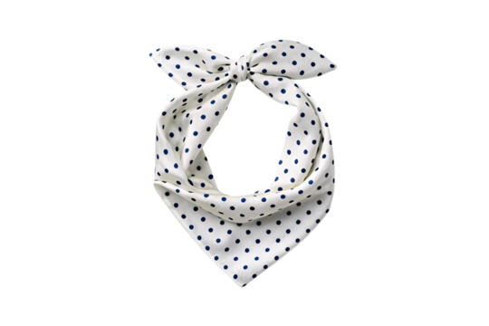 White polka dot bandana scarf with navy blue dots tied in classic knot style, isolated on a transparent background