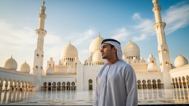 Arab Man in Traditional White Clothing Posing at Sheikh Zayed Mosque under a Clear Blue Sky