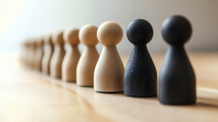 Diverse wooden figurines lined up in a minimalist setting highlighting individuality and unity