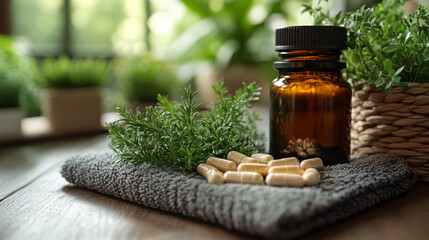 Natural remedies on display with herbal plants and capsules on a wooden table in a bright indoor setting