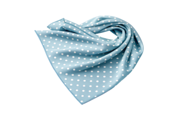 Powder blue polka dot silk scarf with white spots draped elegantly showing flowing fabric texture, isolated on a transparent background