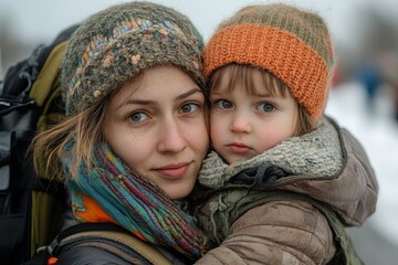 Ukrainian refugee mother and child crossing the border and looking at the camera, illustrating the resilience and strength of displaced families during conflict, Generative AI