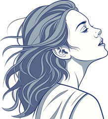 Blue Woman Vector: Wind in Hair, Looking Up.

