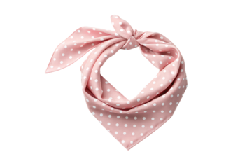 Soft pink polka dot bandana with white dots tied in decorative bow knot style, isolated on a transparent background