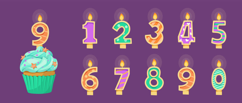 Colorful birthday number candles with cupcake - Powered by Adobe