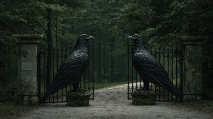 Raven statues guard a wrought iron gate leading into a dark, overgrown, eerie forest