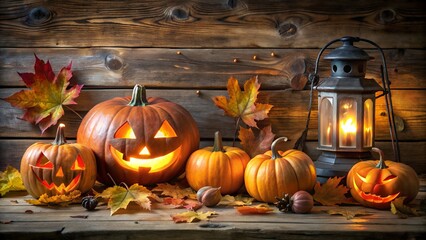 Fototapeta premium Festive halloween still life with carved pumpkins, autumn leaves, and a vintage lantern on a rustic wooden table, creating a warm and inviting atmosphere