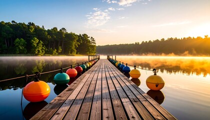 Scenic sunrise over the lake with a wooden pier and colorful buoy markers