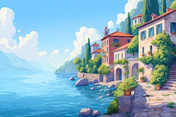 Colorful waterfront scene with buildings and lush greenery.