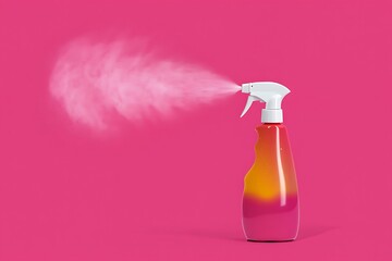Spray bottle dispensing fine mist against a vibrant pink background