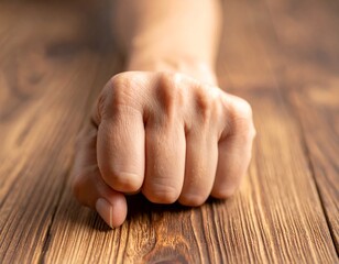  tight, detailed shot focusing on a person's hand, clenched into a white-knuckled fist on a wooden table.