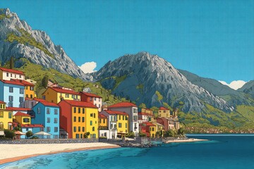 Vibrant coastal town nestled beside a mountain range.