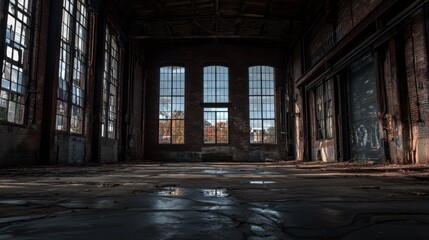 Abandoned Industrial Warehouse with Broken Windows and Empty Space