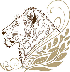 Lion Profile Line Art with Leafy Flourishes - Royalty/Strength Logo Design

