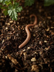 Fototapeta premium A close up of an earthworm crawling across dark soil near a green plant with blurred background view