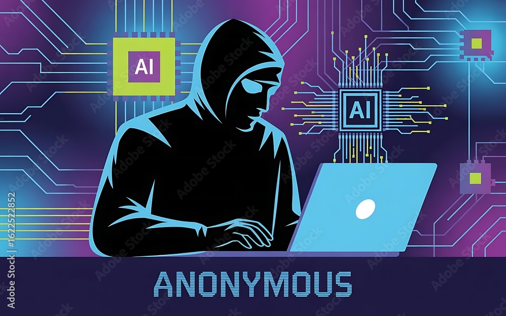 Wall mural anonymous hacker using ai technology on a laptop