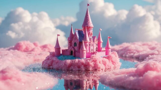 A pink castle surrounded by water, suitable for fantasy or whimsical themed designs