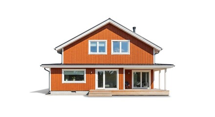 Two-story orange house with a wooden porch.