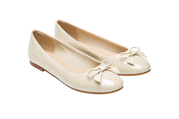Cream patent leather ballet flats with small bow detail on toe area, isolated on a transparent background