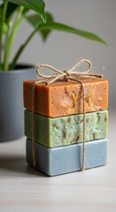 Stack of three handmade soaps tied hemp cord spa beauty product shot