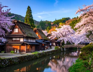 Scenic view of Shirakawa-go village in spring with cherry blossoms and traditional houses