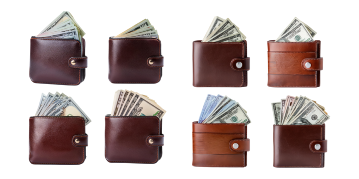 Wallets with Cash on Transparent Background