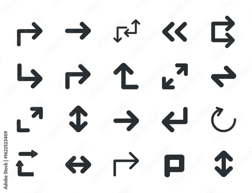Poster comprehensive arrow icon set for navigation and directional guidance in user interface design and we