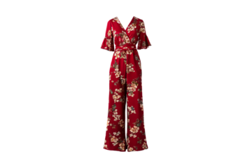 Deep red floral wrap jumpsuit with bell sleeves and flowing wide-leg silhouette in romantic style, isolated on a transparent background