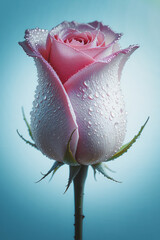 lose-Up of Pink Rose with Dewdrops Against a Soft Blue Background