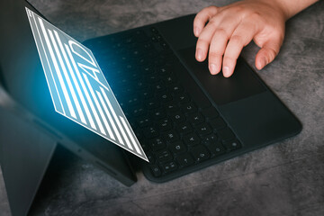 Woman using digital tablet with adblock for media content. Online video skip ad. Digital marketing and online advertising to targeted customers. Optimize customer engagement.