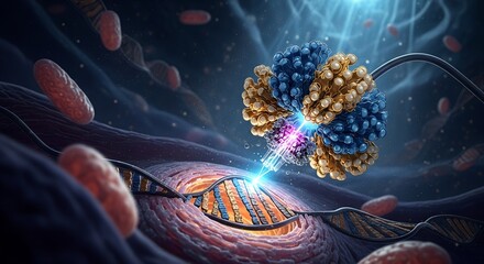 CRISPR gene editing technology precisely modifies DNA, a microscopic view of molecular engineering.