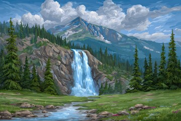A picturesque mountain waterfall cascading through a lush landscape.