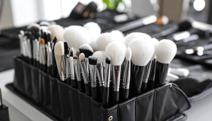 Organized assortment of makeup brushes in a black leather holder preparation concept