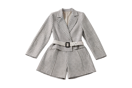 Brown checkered blazer romper with contrasting white belt, double-breasted styling, tailored shorts, professional gingham, isolated on a transparent background