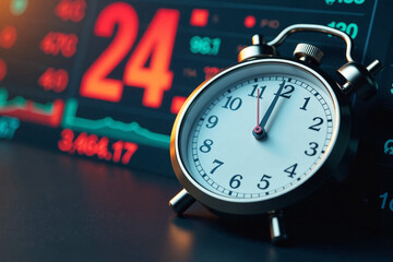 Alarm clock showing time next to stock market display with prices
