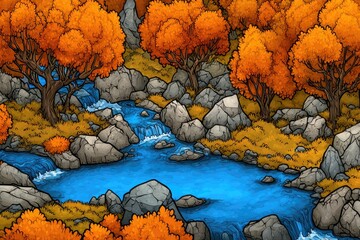 Autumnal stream meandering through a rocky landscape.
