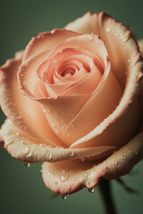 Delicate Pink Rose With Dew Drops Against a Green Background Close-Up