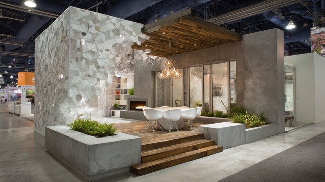 Conceptual booth design for product showcasing with layered platforms and branding zones