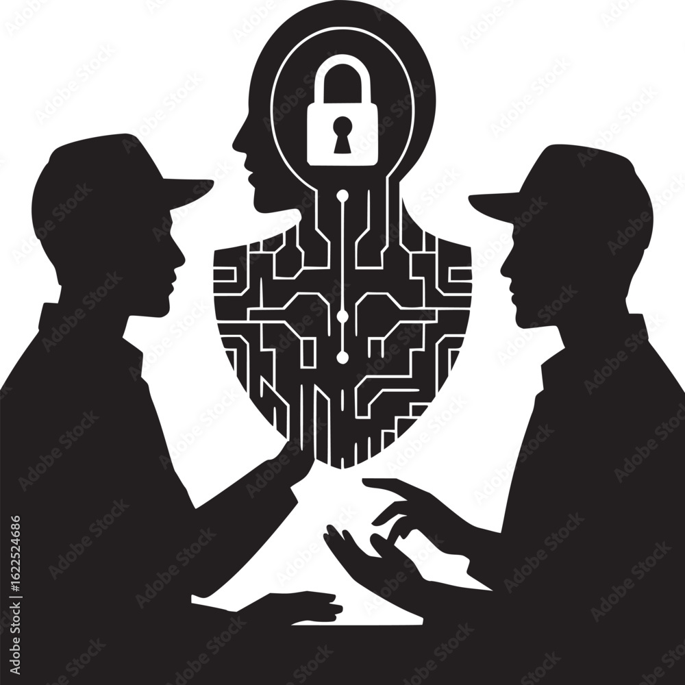 Poster silhouette figures discussing cybersecurity with a padlock inside a head outline design