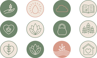Set of twelve minimal line art icons in circles representing nature wellness and home icon set
