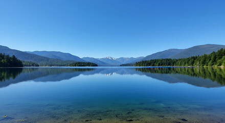 Naklejka premium Clear blue alpine lake with snow-capped mountains and mirror-like reflection, showcasing pristine wilderness and breathtaking mountain landscape 