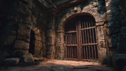 Obraz premium Ancient Stone Dungeon with Rusty Iron Gates and Dim Lighting