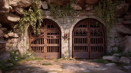 Fototapeta premium Ancient Stone Dungeon Entrance with Rusty Iron Gates in Nature