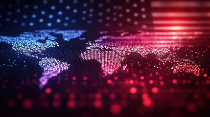 World Map Displayed with Digital Dots and Colors in American Flag Theme for Global Data Visualization and Digital Connectivity Projects