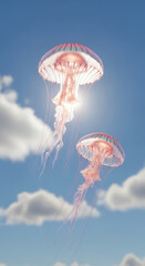 Two jellyfish floating in a bright blue sky with fluffy white clouds